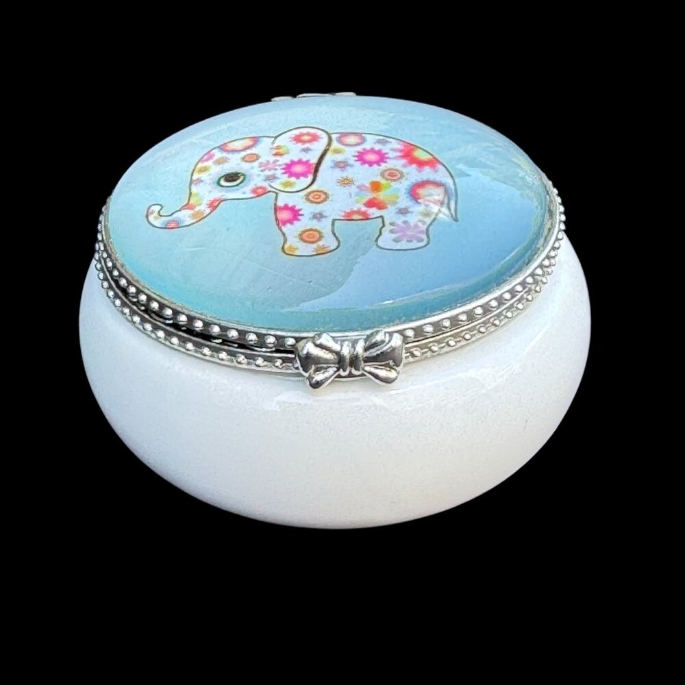 Elephant Round Trinket Ring Box White and Blue Ceramic and Glass Floral Delicate